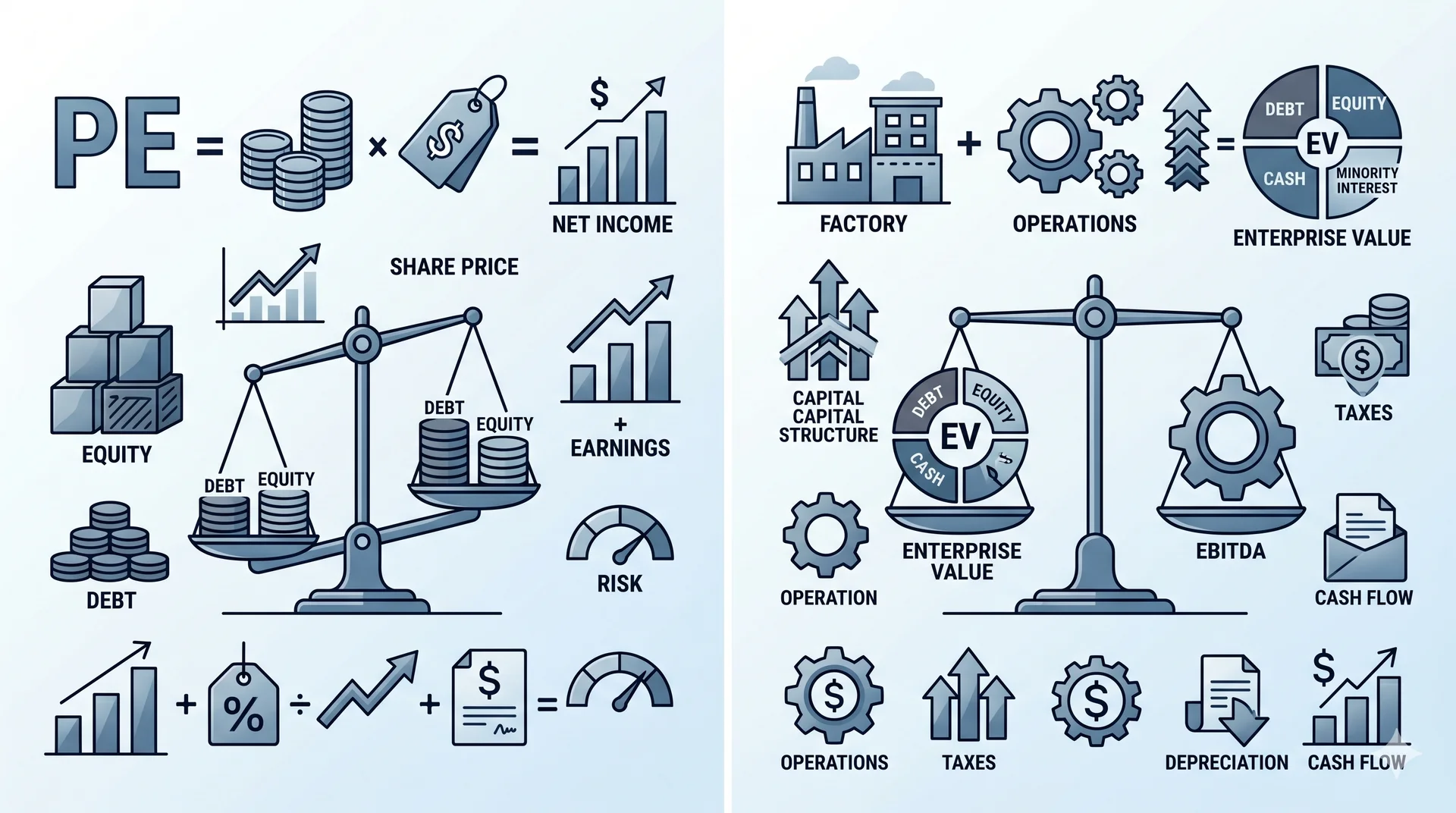 Perbandingan visual PE ratio vs EV/EBITDA - bagaimana EV/EBITDA neutralisasi struktur capital untuk perbandingan syarikat dengan tahap hutang berbeza