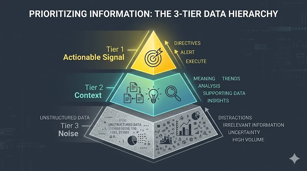 Infographic of the 3-tier framework for classifying investment news - actionable signal, context, and noise