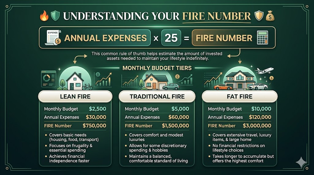 Infografik formula FIRE number dan tiga peringkat FIRE - Lean, Traditional, Fat