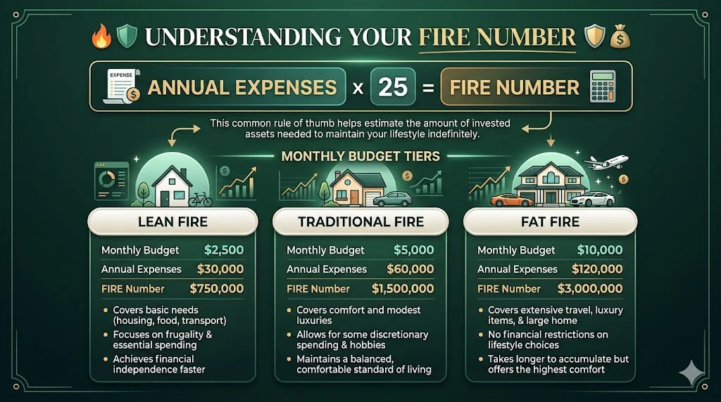 Infografik formula FIRE number dan tiga peringkat FIRE - Lean, Traditional, Fat