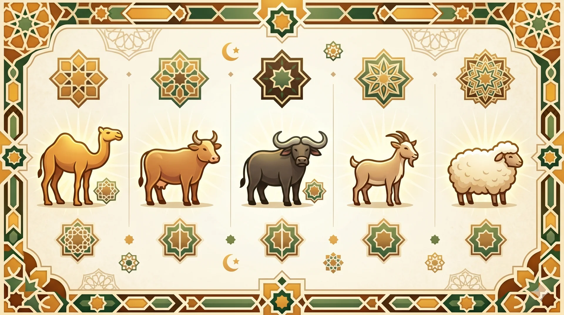 Five types of livestock valid for Islamic qurban (sacrifice) - camel, cow, water buffalo, goat, and sheep