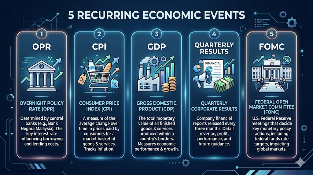 Infographic of an investor's economic calendar showing recurring events OPR CPI GDP QR FOMC