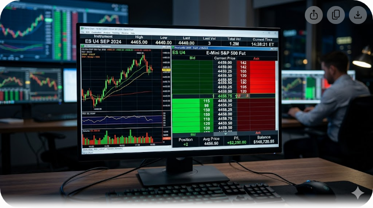 Trading workstation showing market depth ladder with bid-ask prices