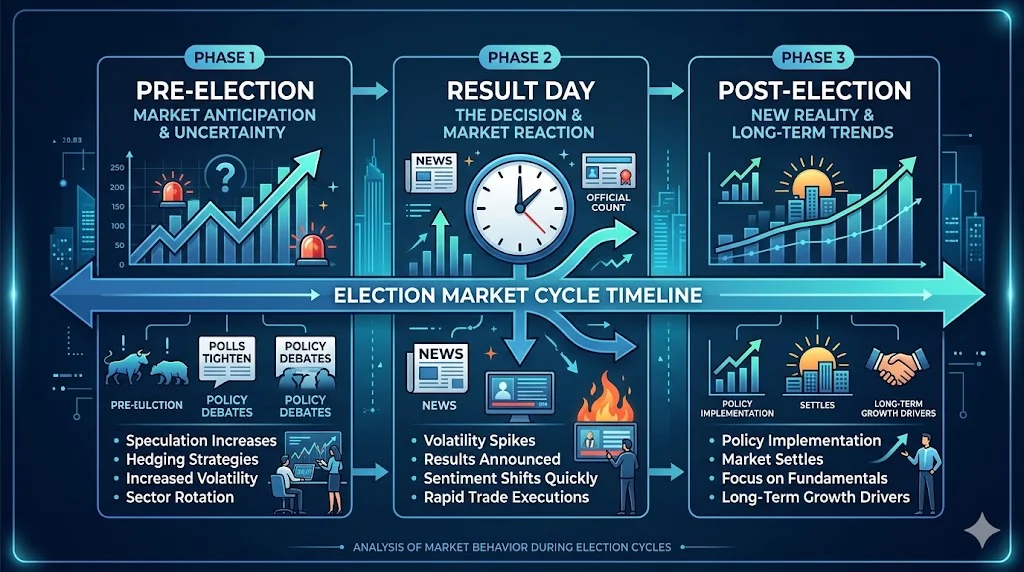 Infografik tiga fasa kitaran pasaran pilihan raya - Pra-PRU, Hari Keputusan, Pasca-PRU