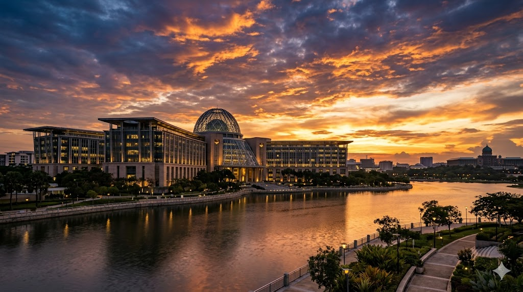 Putrajaya government building complex at golden hour, representing Malaysia's fiscal policy centre where subsidy reforms like BUDI95 are designed