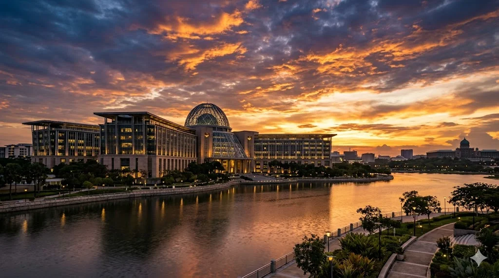 Putrajaya government building complex at golden hour, representing Malaysia's fiscal policy centre where subsidy reforms like BUDI95 are designed