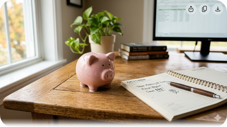 Small pink piggy bank on a wooden desk with a notebook and pen by a window