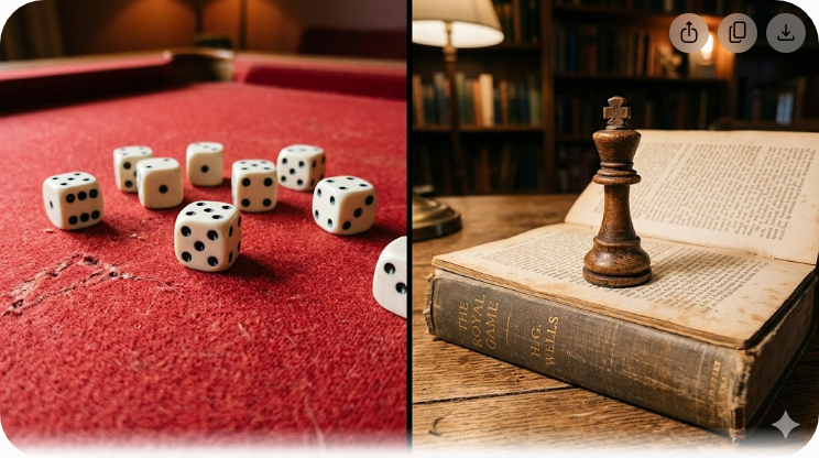 Split comparison of dice gambling versus chess piece on book representing skill-based investing