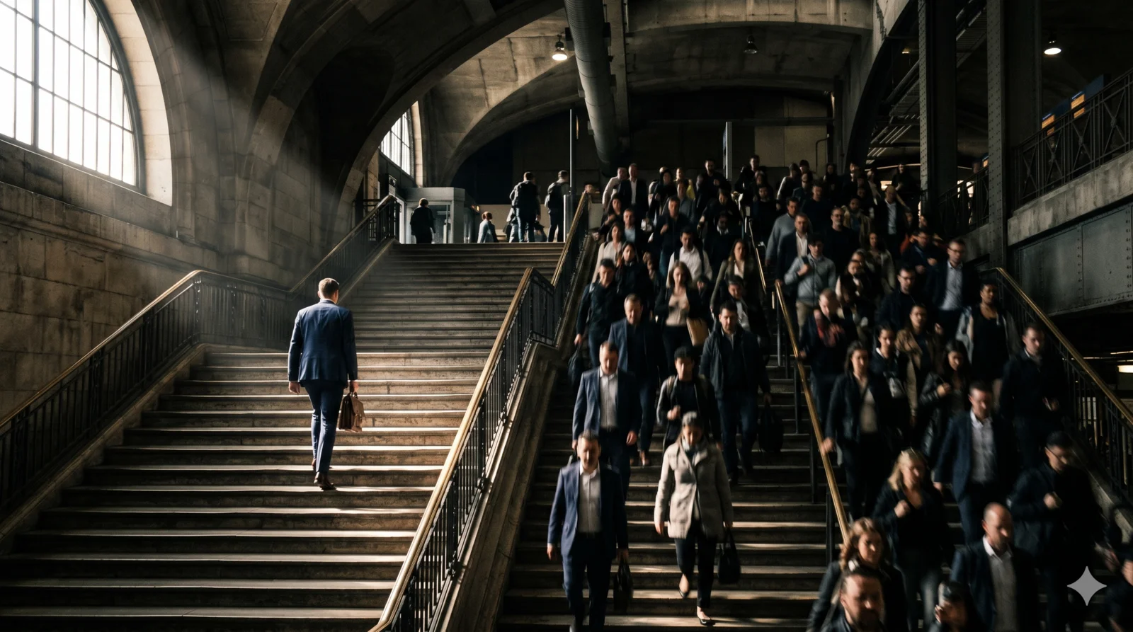 An illustration of contrarian thinking - one investor walking in the opposite direction to the crowd