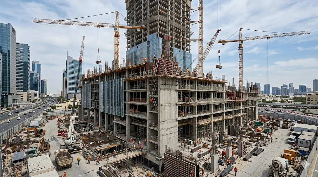 A modern construction site with cranes and a building under construction symbolising a major project contract