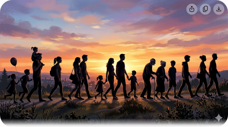 Silhouettes of multiple generations walking together representing financial planning across life stages