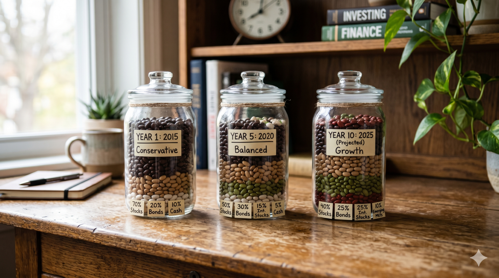 Three glass jars showing different proportions of stocks, bonds and cash representing portfolio allocation changing over time