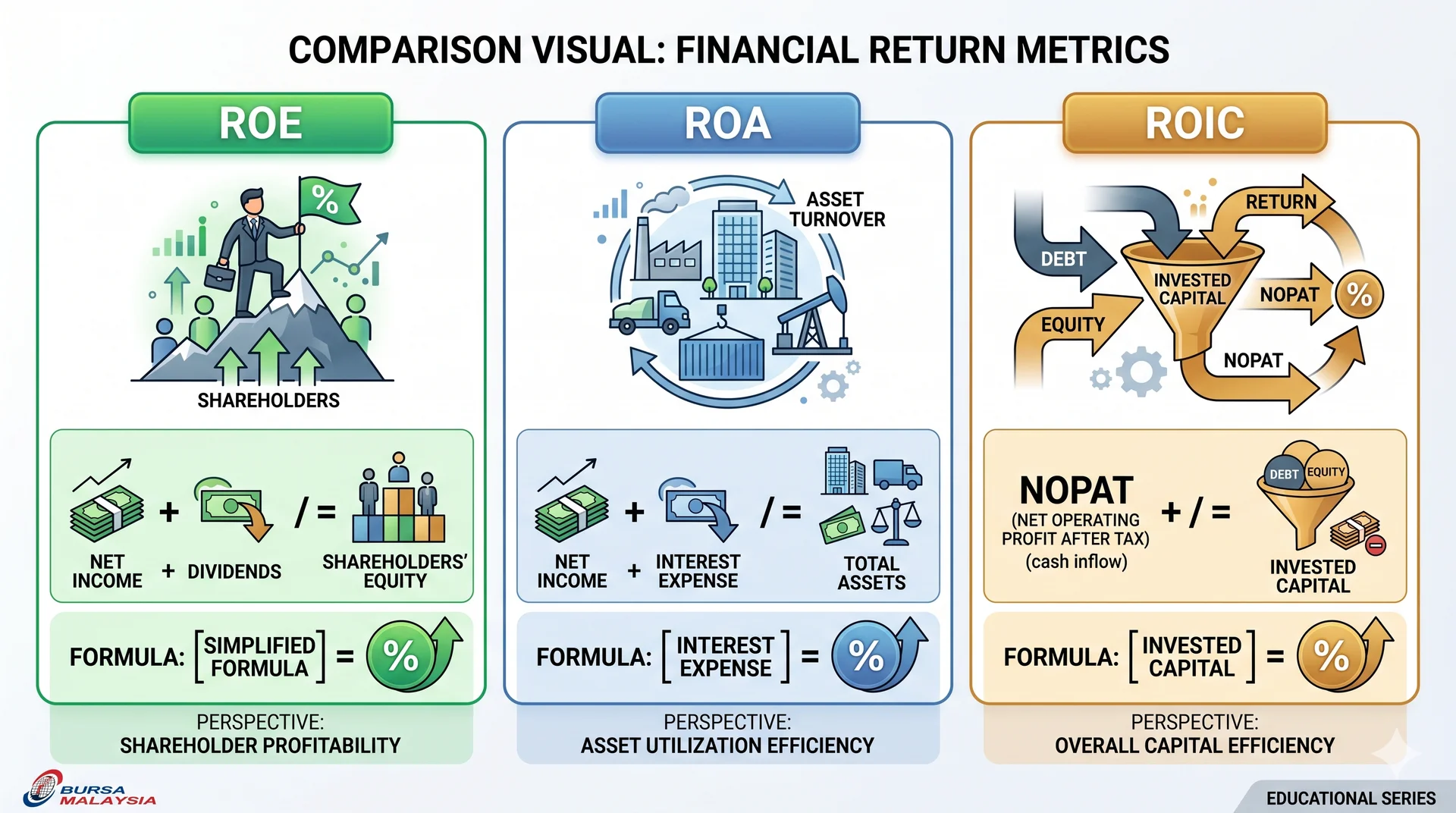 Perbandingan visual ROE vs ROA vs ROIC - tiga KPI utama yang pelabur pakar fokus untuk menilai kualiti syarikat