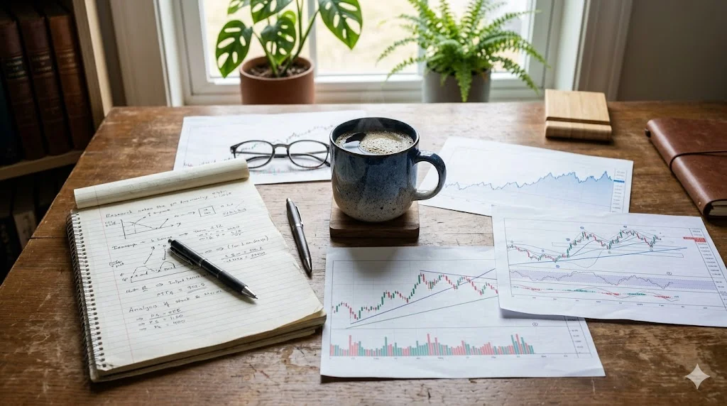 Stock research notes and printed charts spread across an investor's desk