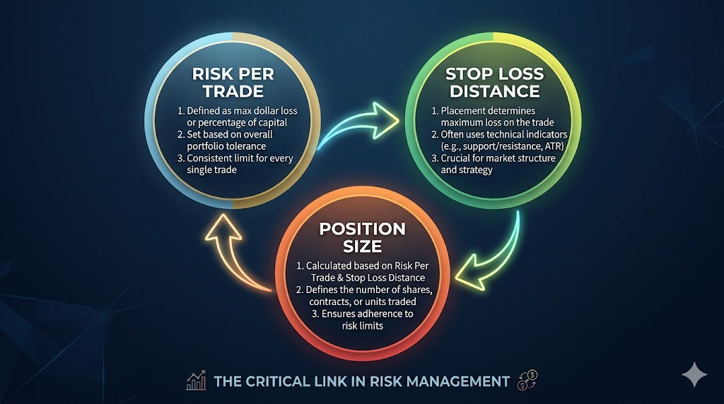Carta menunjukkan hubungan antara stop loss distance, position size, dan risk per trade dalam pelaburan saham