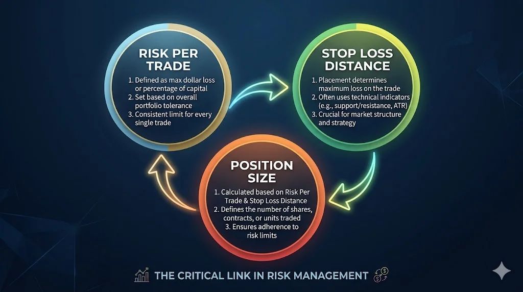 Diagram showing the relationship between stop loss distance, position size, and risk per trade in stock investing