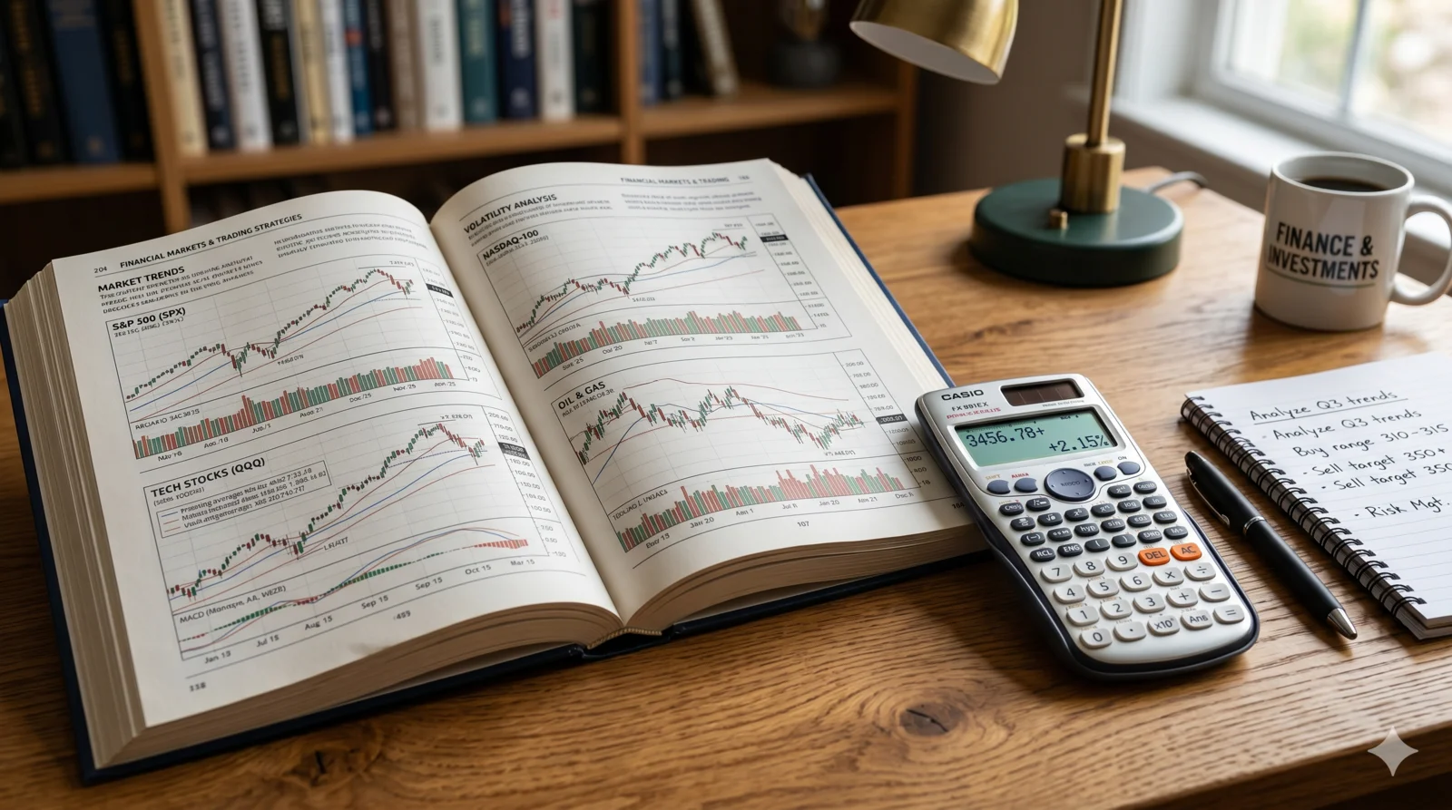 Buku analisis kewangan terbuka dengan carta saham, kalkulator dan nota tulisan tangan untuk mengkaji warrant Bursa Malaysia