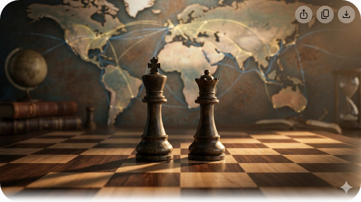 Dua bidak catur berhadapan di atas peta dunia melambangkan persaingan strategik AS dan China dalam landskap geopolitik baharu