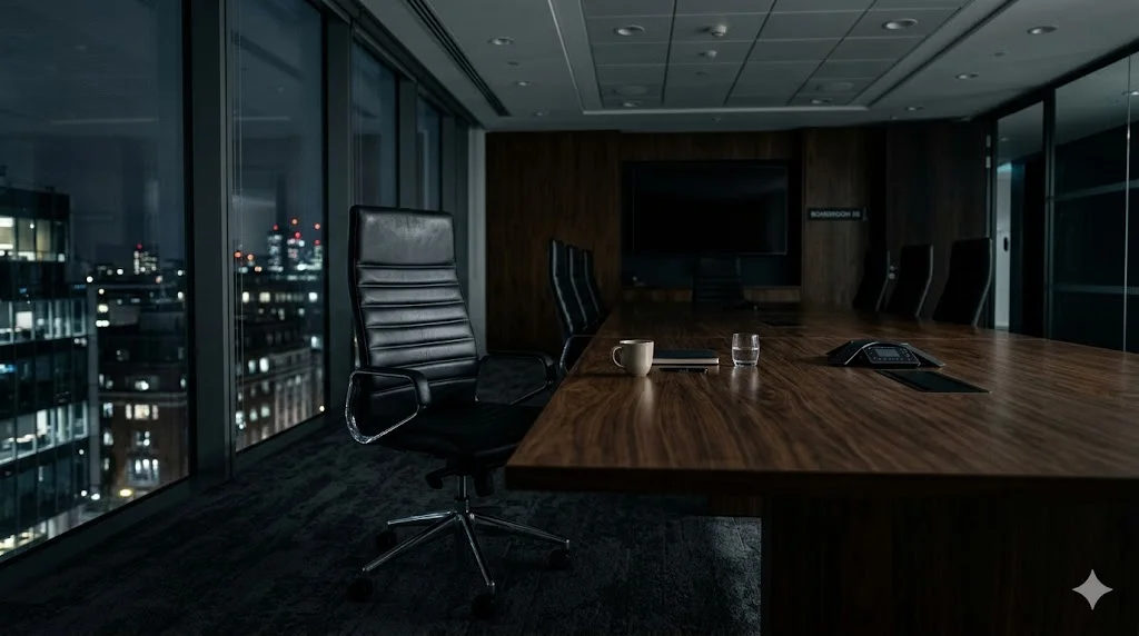 An empty executive chair in a corporate boardroom symbolising a leadership resignation