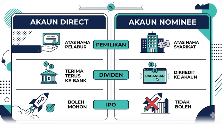 Comparison of direct CDS account vs nominee account in terms of ownership, dividends and IPO eligibility