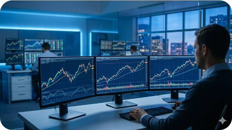 Pelabur menganalisis carta indeks pasaran saham AS pada tiga monitor di pejabat moden