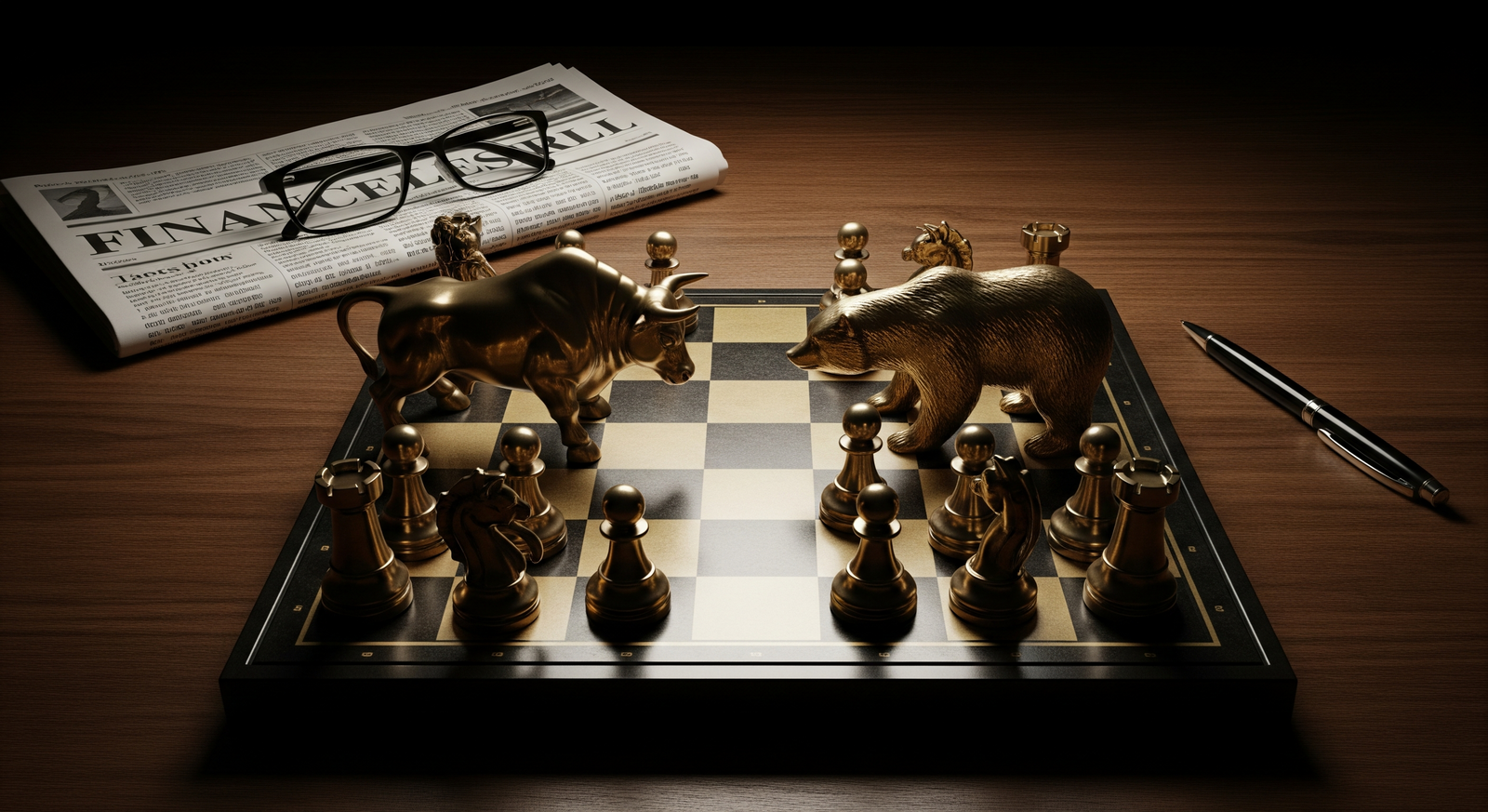 Brass bull and bear chess figurines facing off on a chess board, symbolising the bullish versus bearish battle in Bill Ackman's short bet