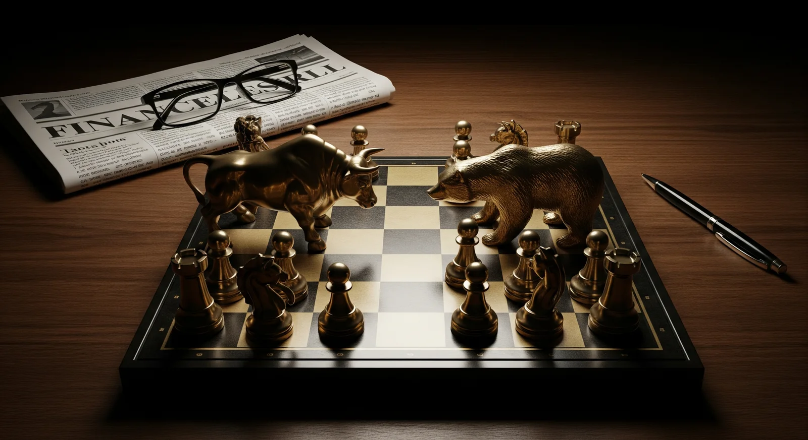 Brass bull and bear chess figurines facing off on a chess board, symbolising the bullish versus bearish battle in Bill Ackman's short bet