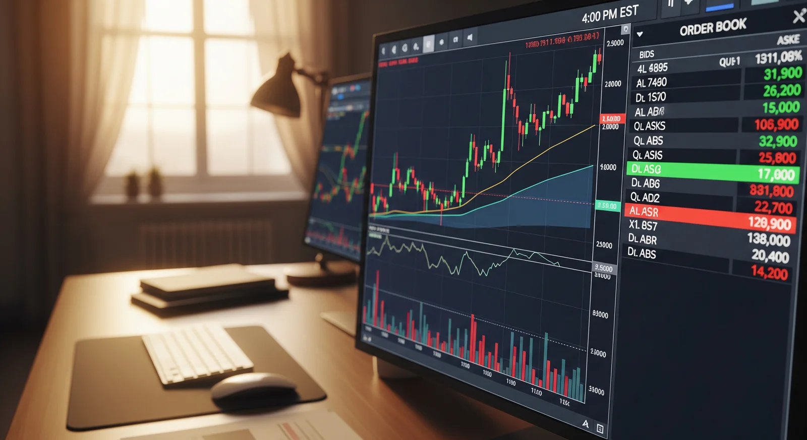 Trading terminal screen showing stock price charts and an order book at market close