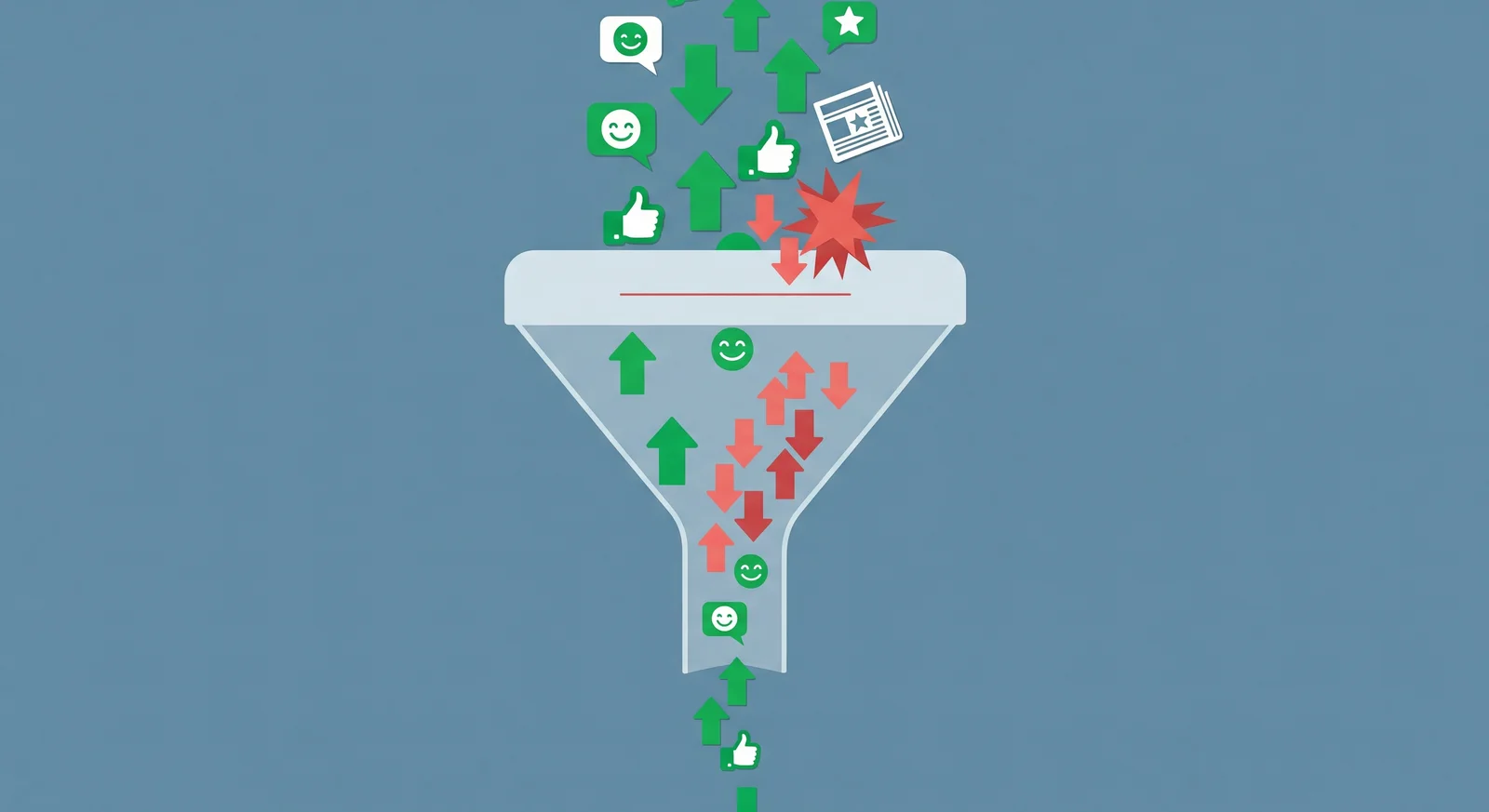 Ilustrasi confirmation bias - pelabur memakai kanta yang hanya membenarkan berita positif masuk sementara berita negatif ditolak