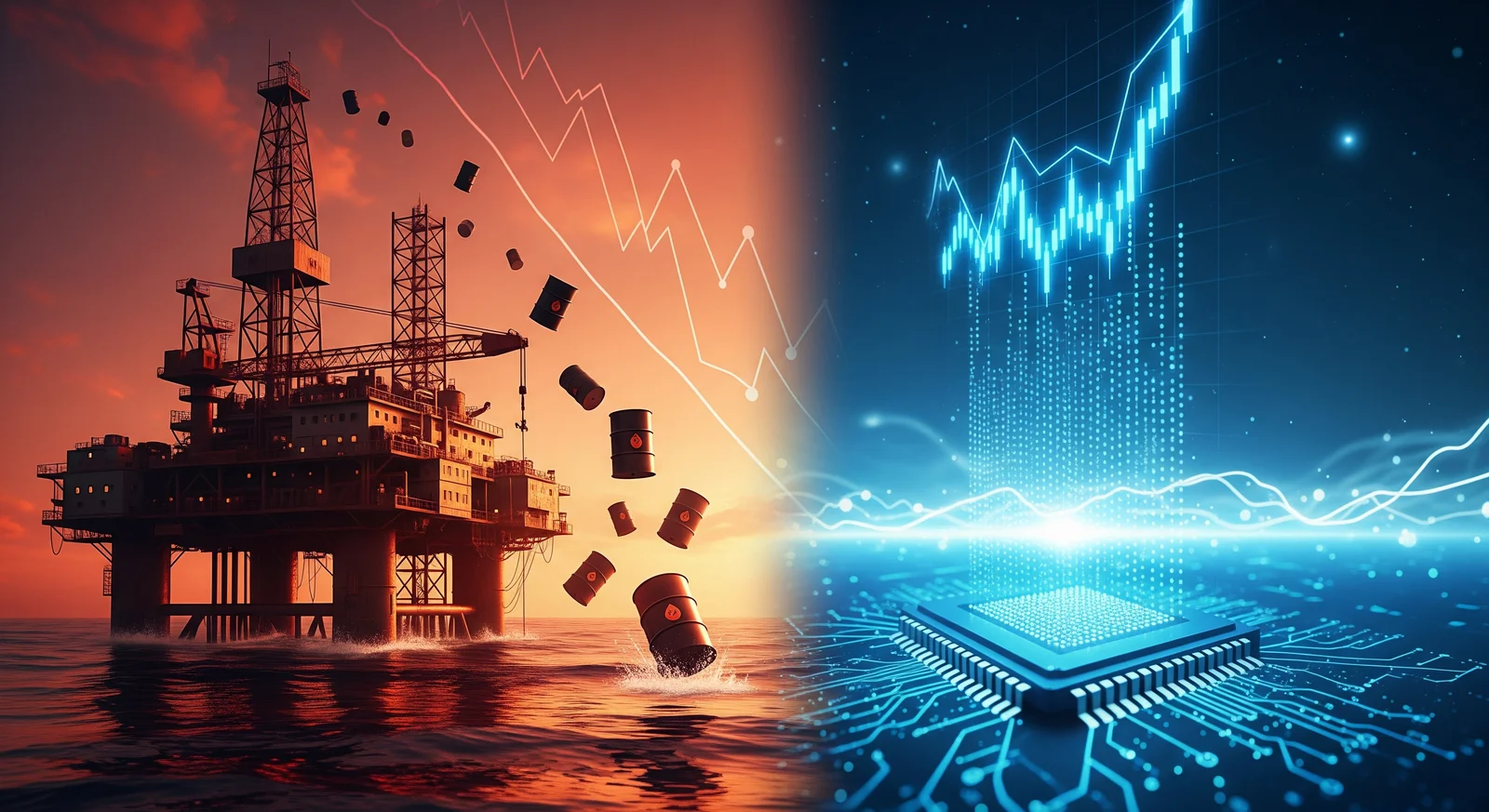 Illustration of sector rotation: oil rig and oil barrels falling in red on the left, semiconductor chip and rising technology graph in blue on the right