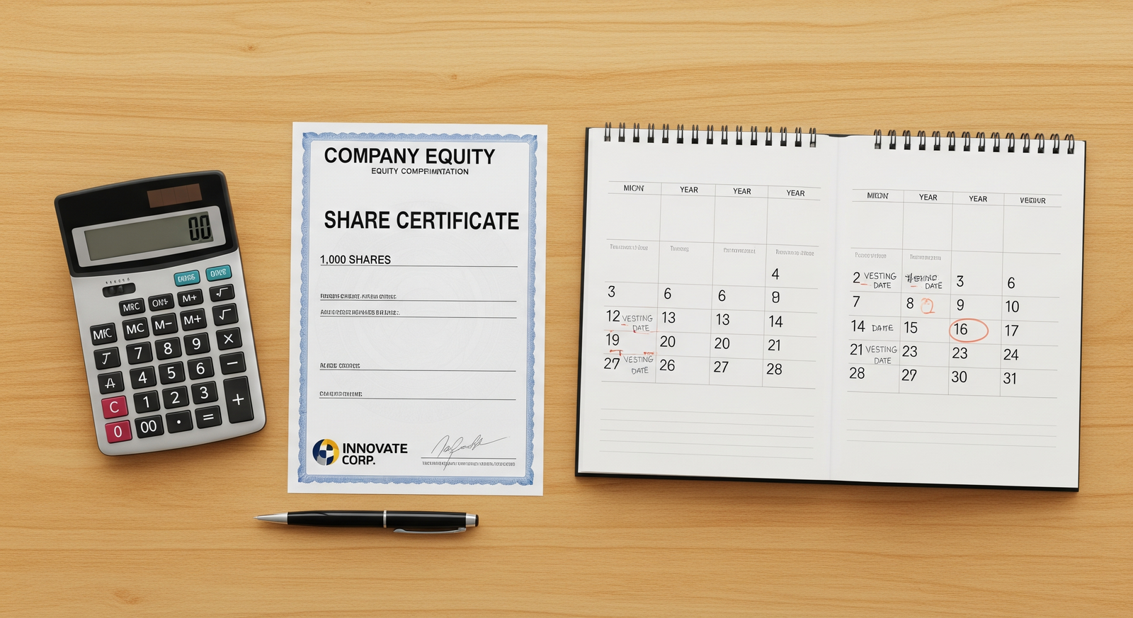 A company share certificate, calculator and a calendar with vesting dates marked - illustrating the concept of vesting in employee stock compensation