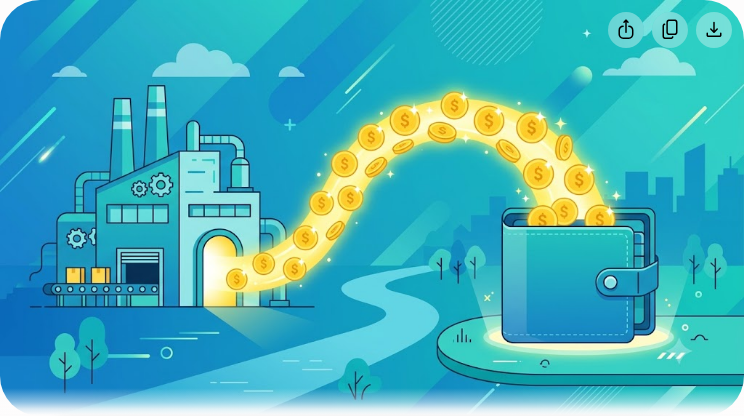Illustration of free cash flow streaming out of a factory into a wallet, representing the concept of free cash flow yield
