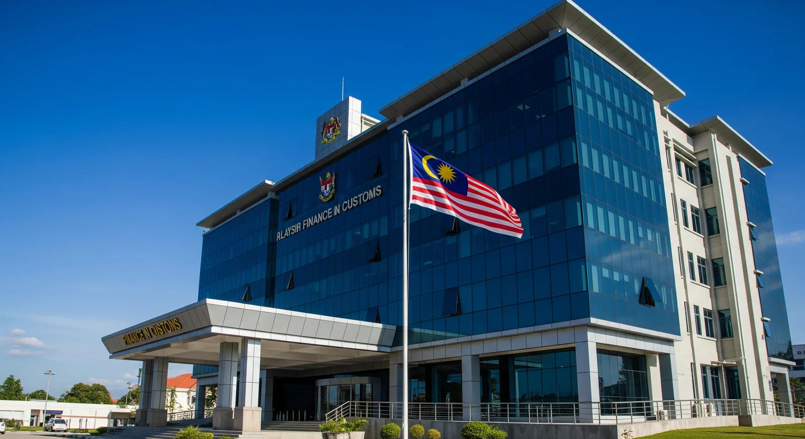 Bangunan kerajaan kewangan dan kastam Malaysia dengan bendera kebangsaan berkibar