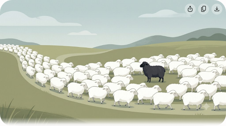 Ilustrasi herding behavior - sekumpulan biri-biri putih mengikut satu arah sementara seekor biri-biri hitam menonjol berdiri berasingan daripada kawanan