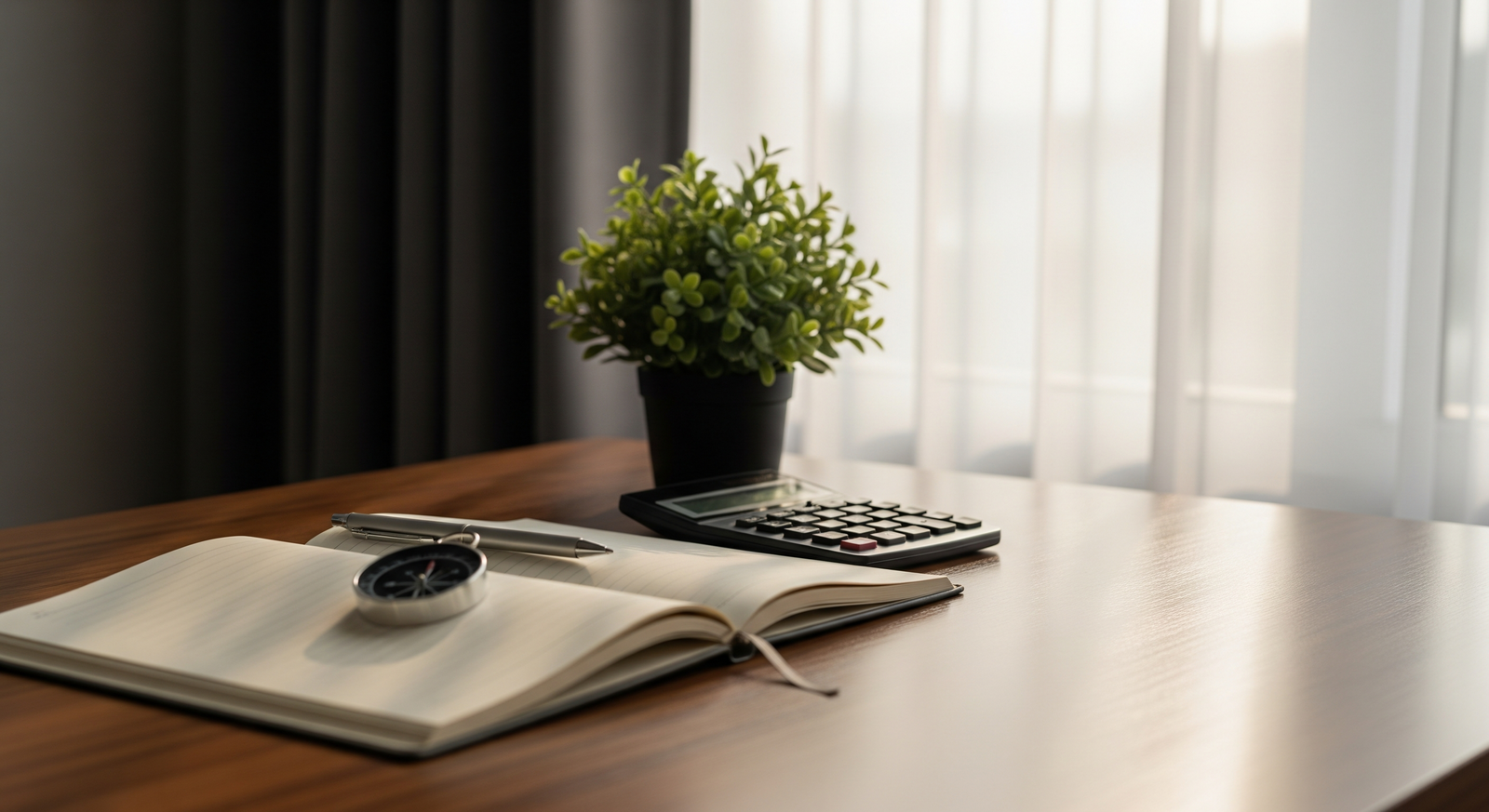 A wooden desk with an open notebook, a compass, a calculator and a small green plant beside a window at dawn, symbolising financial planning and self-reflection