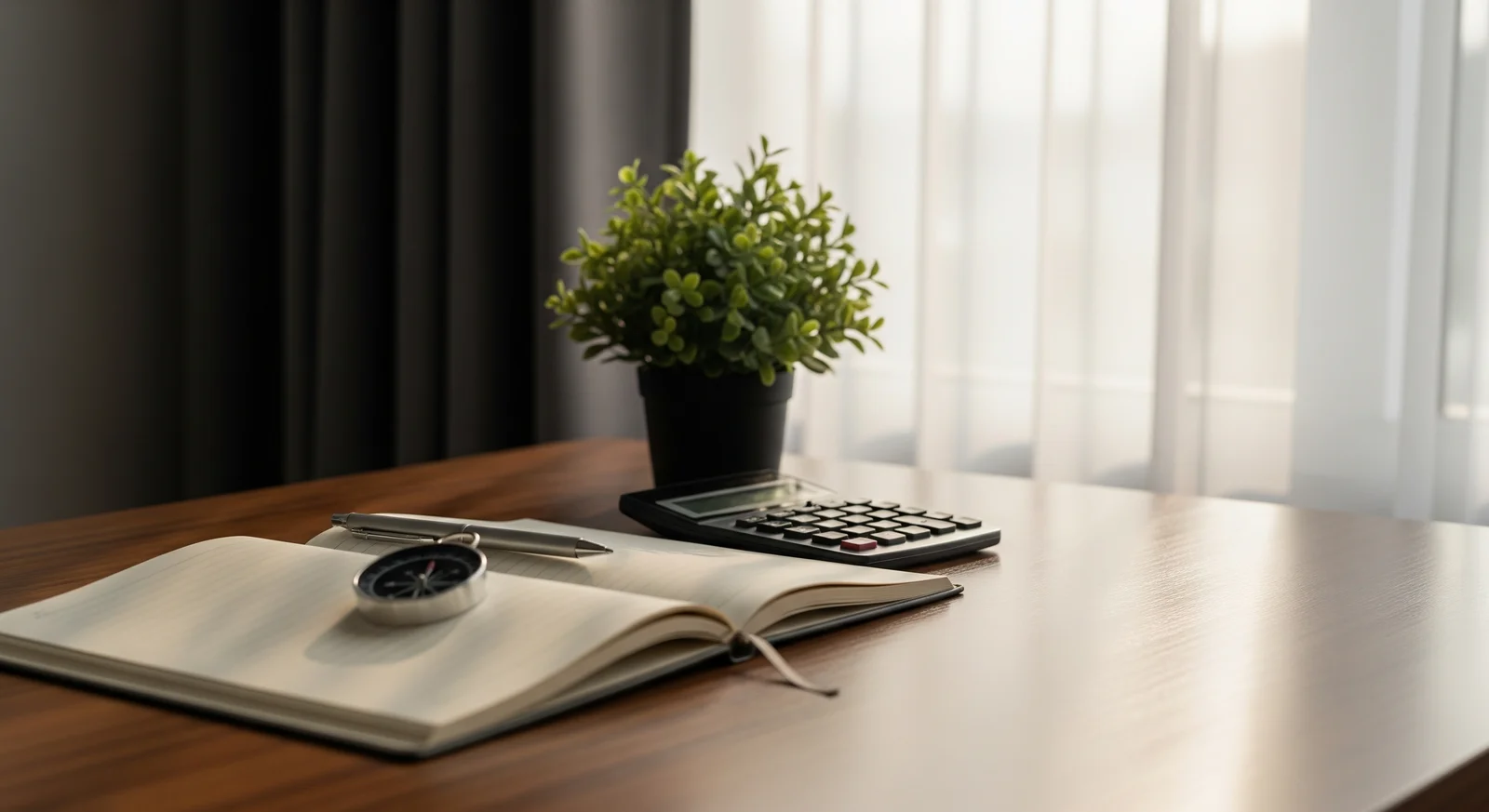 A wooden desk with an open notebook, a compass, a calculator and a small green plant beside a window at dawn, symbolising financial planning and self-reflection
