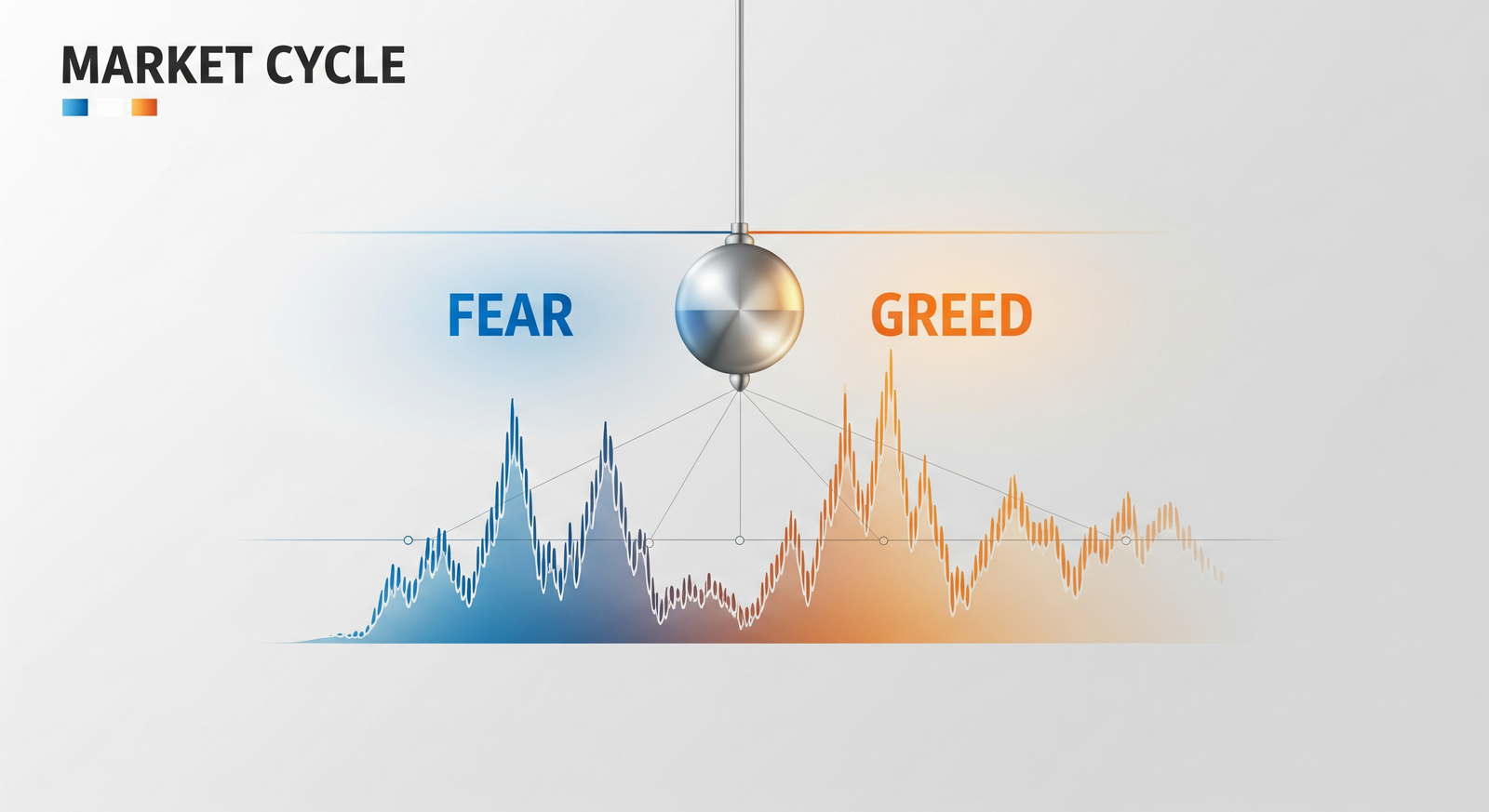 Infographic of Howard Marks' market cycle pendulum swinging between fear and greed zones above a stock chart