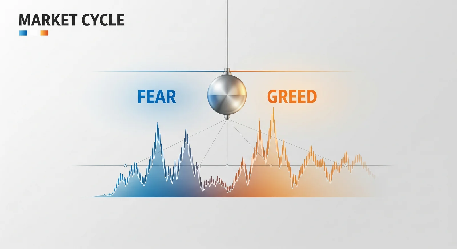 Infografik pendulum kitaran pasaran berayun antara zon takut (fear) dan tamak (greed) di atas carta saham