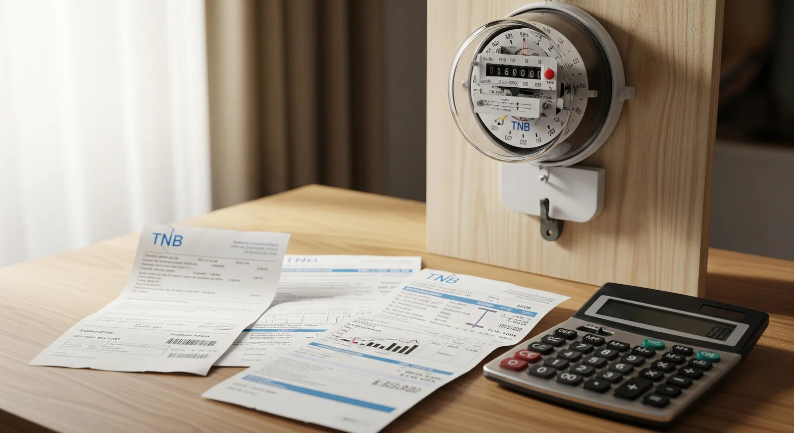 Meter elektrik TNB, bil utiliti dan kalkulator di atas meja kayu rumah di Malaysia