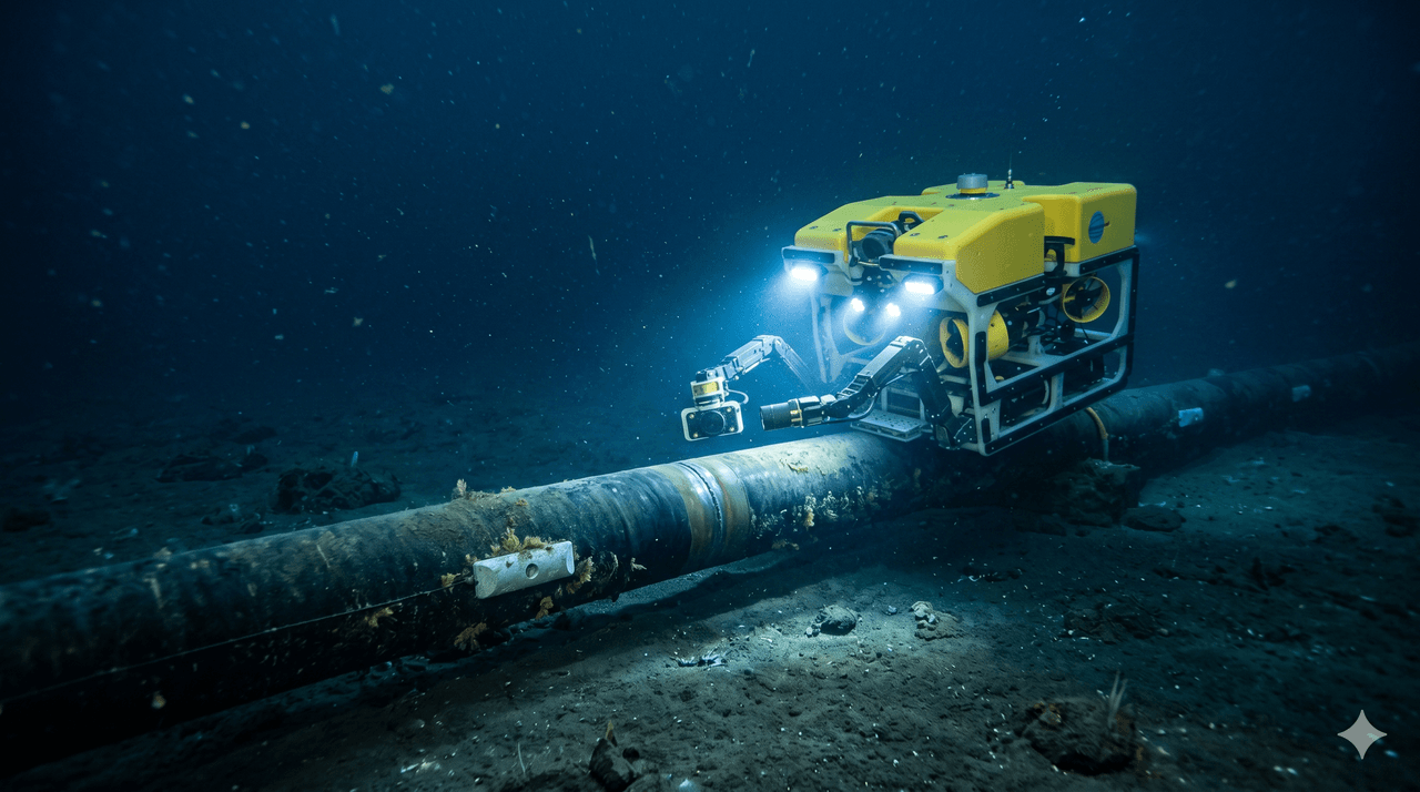 A yellow autonomous underwater ROV robot inspecting a subsea oil pipeline on the ocean floor, illustrating Elsa Berhad's robotics segment
