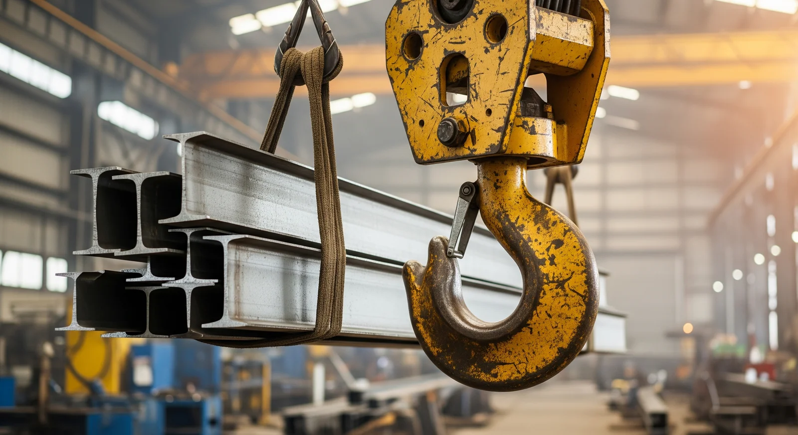 Industrial crane lifting steel beams in a fabrication plant, illustrating Liftech's core business as a crane builder