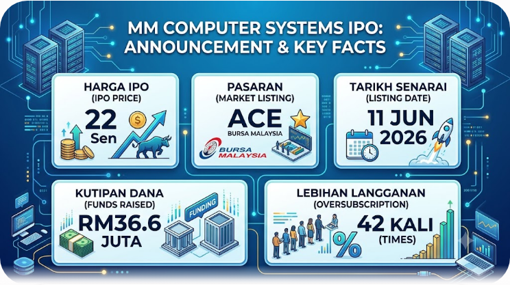 Infografik fakta utama IPO MM Computer Systems - harga 22 sen, penyenaraian 11 Jun 2026 di Pasaran ACE, kutipan RM36.6 juta, lebihan langganan 42 kali