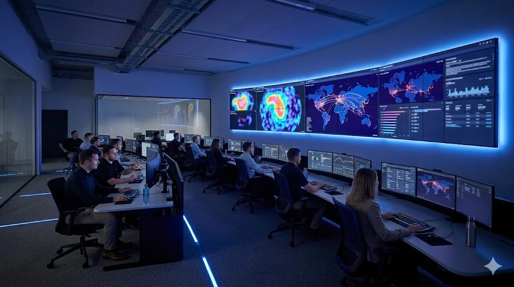 A cybersecurity Security Operations Centre with analysts monitoring a wall of screens showing network dashboards