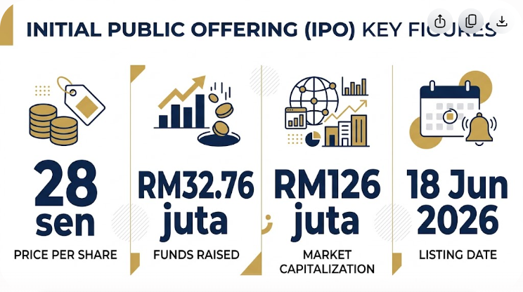 Infographic summarising the Sum Technology IPO - offer price 28 sen, RM32.76 million raised, RM126 million market cap and 18 June 2026 listing date