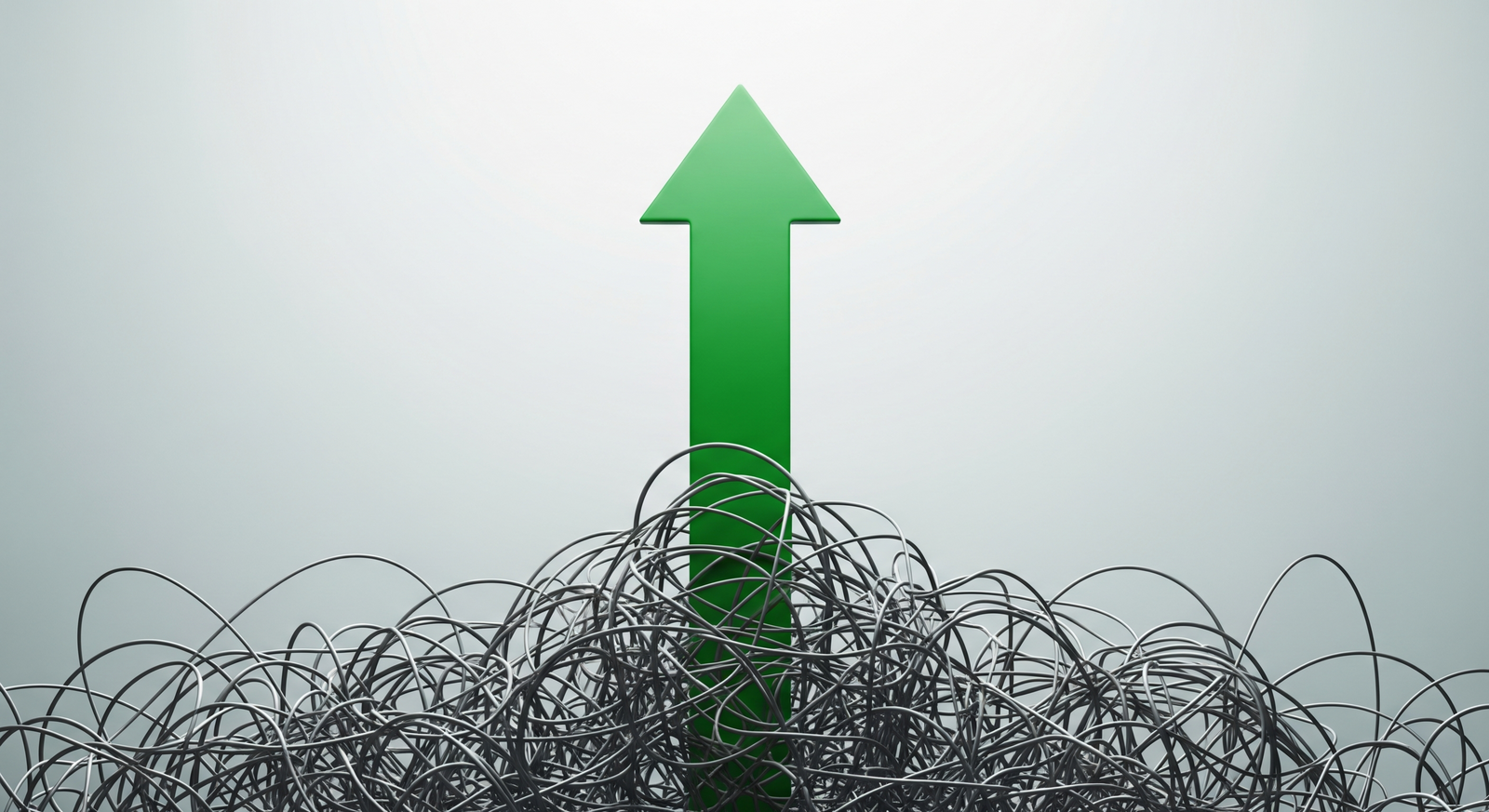 Concept illustration of low-cost passive investing beating active trading: one steady rising arrow climbing above many chaotic tangled lines