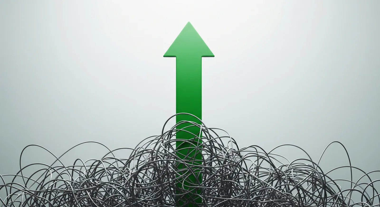 Concept illustration of low-cost passive investing beating active trading: one steady rising arrow climbing above many chaotic tangled lines