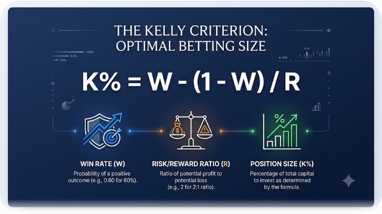 Infographic of the Kelly Criterion formula showing how to calculate the optimal capital percentage for a single stock based on win rate and risk reward ratio