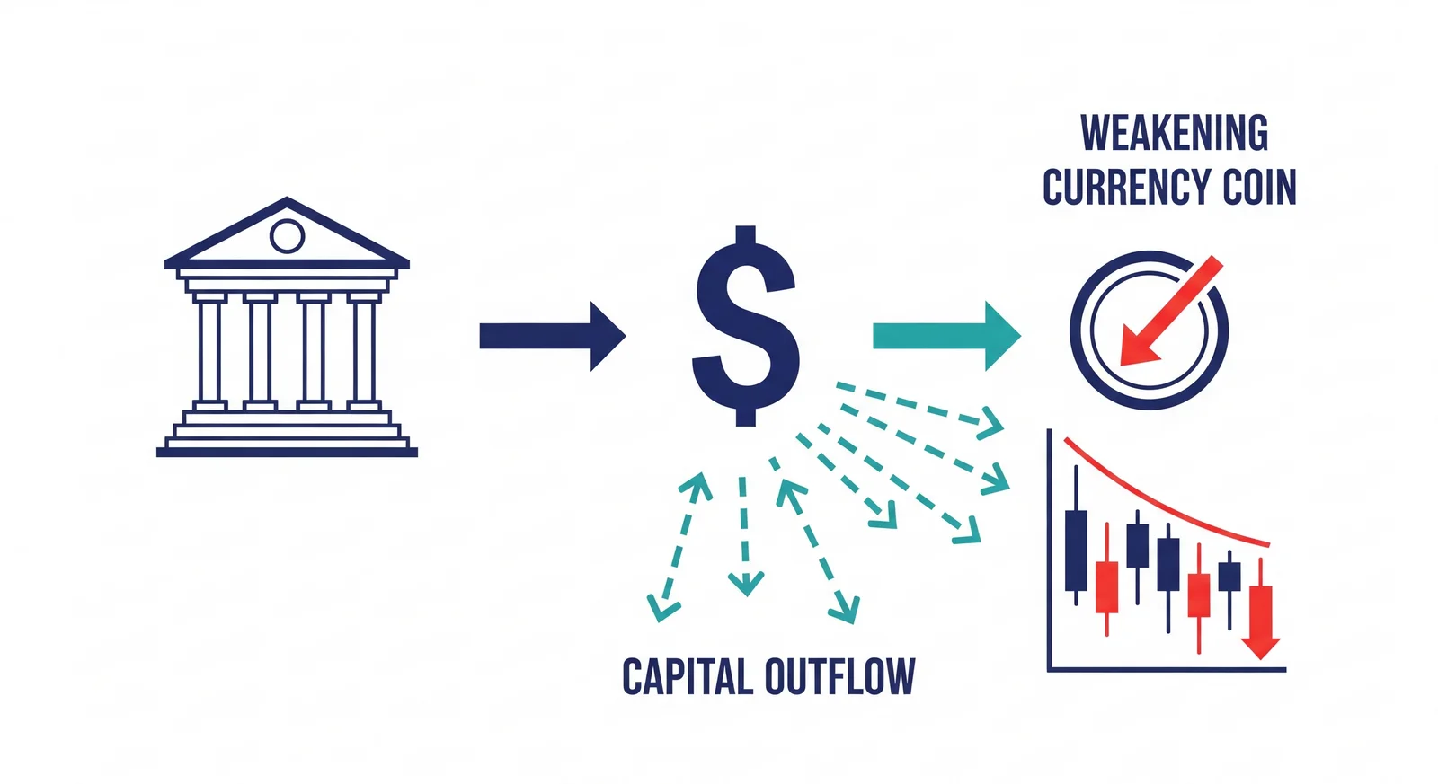 Infografik menerangkan rantaian kesan keputusan kadar faedah Fed terhadap dolar AS, ringgit, aliran dana asing dan saham Bursa Malaysia