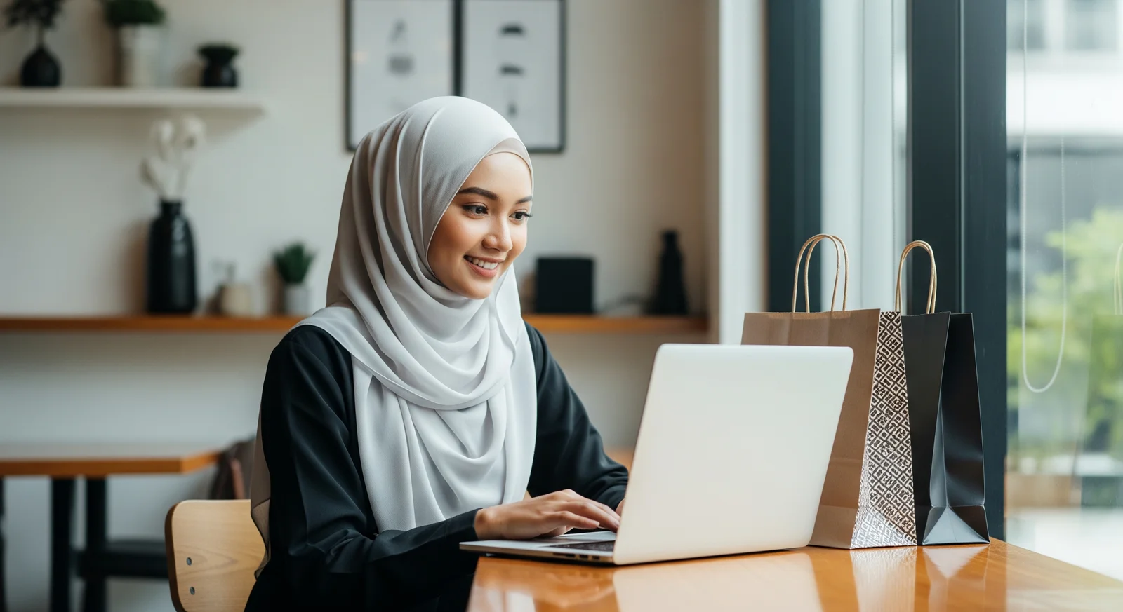 A young woman wearing a hijab shopping online at a cafe with shopping bags, illustrating relaxed spending of windfall money