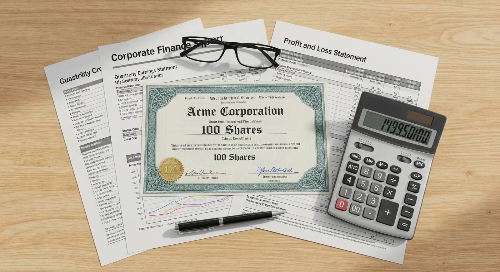 Corporate finance documents, a share certificate, calculator and eyeglasses on a wooden desk